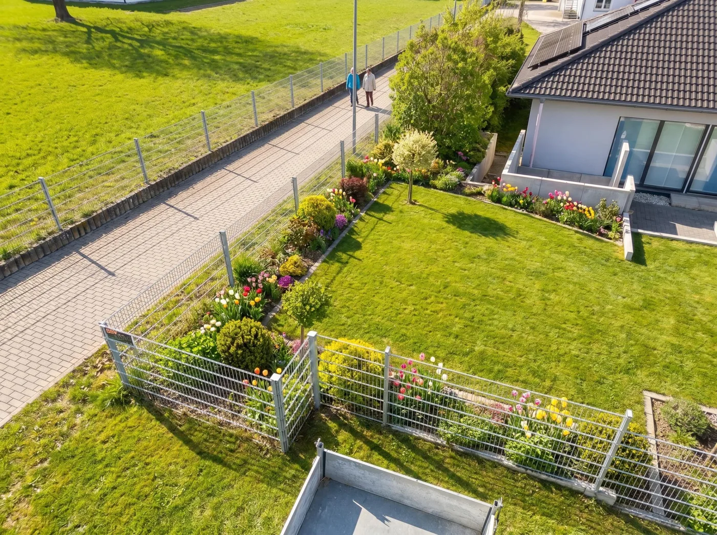 Verzinkter Doppelstabzaun um einen Garten mit Blumenbeet